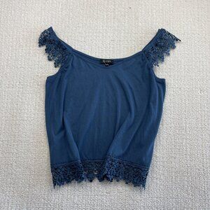 Y2K Blue Lace Trim Top Shoulder Cut Coquette Cottagecore Boho Festival Sz XL